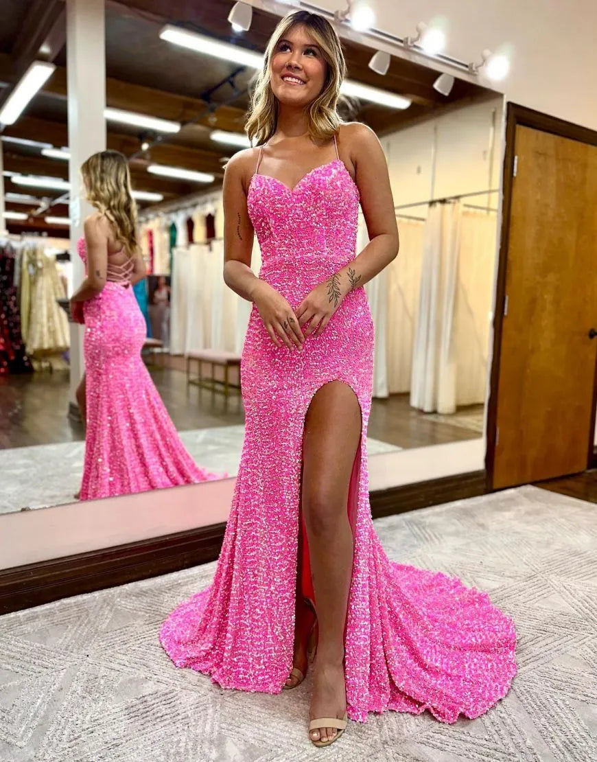 Wholesale Hot Pink Mermaid Corset Back Long Prom Dress With Split prom dresses with long sleeves